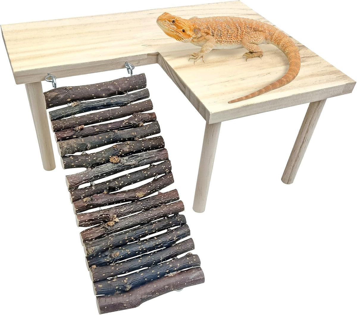 BNOSDM Wooden Basking Platform with Climbing Ramp Reptiles Hideout Bearded Dragon Hide Cave Reptile Tank Accessories Suit for Tortoise, Lizard, Toad, Gecko (L-Shaped)