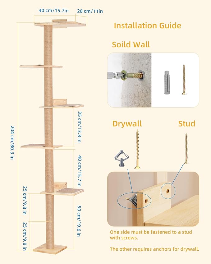 80inch Tall Cat Tree Wall Mount, 15.8in Top Perch Bed - Image 6