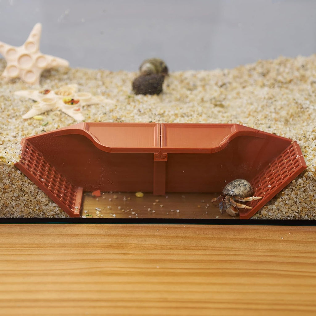 Hermit Crab Underground Hideout Cave Corner, 3 in 1 Habitat Shelter with Food Bowls, DIY Hermit Crab Climbing Toy Accessories (Brown)