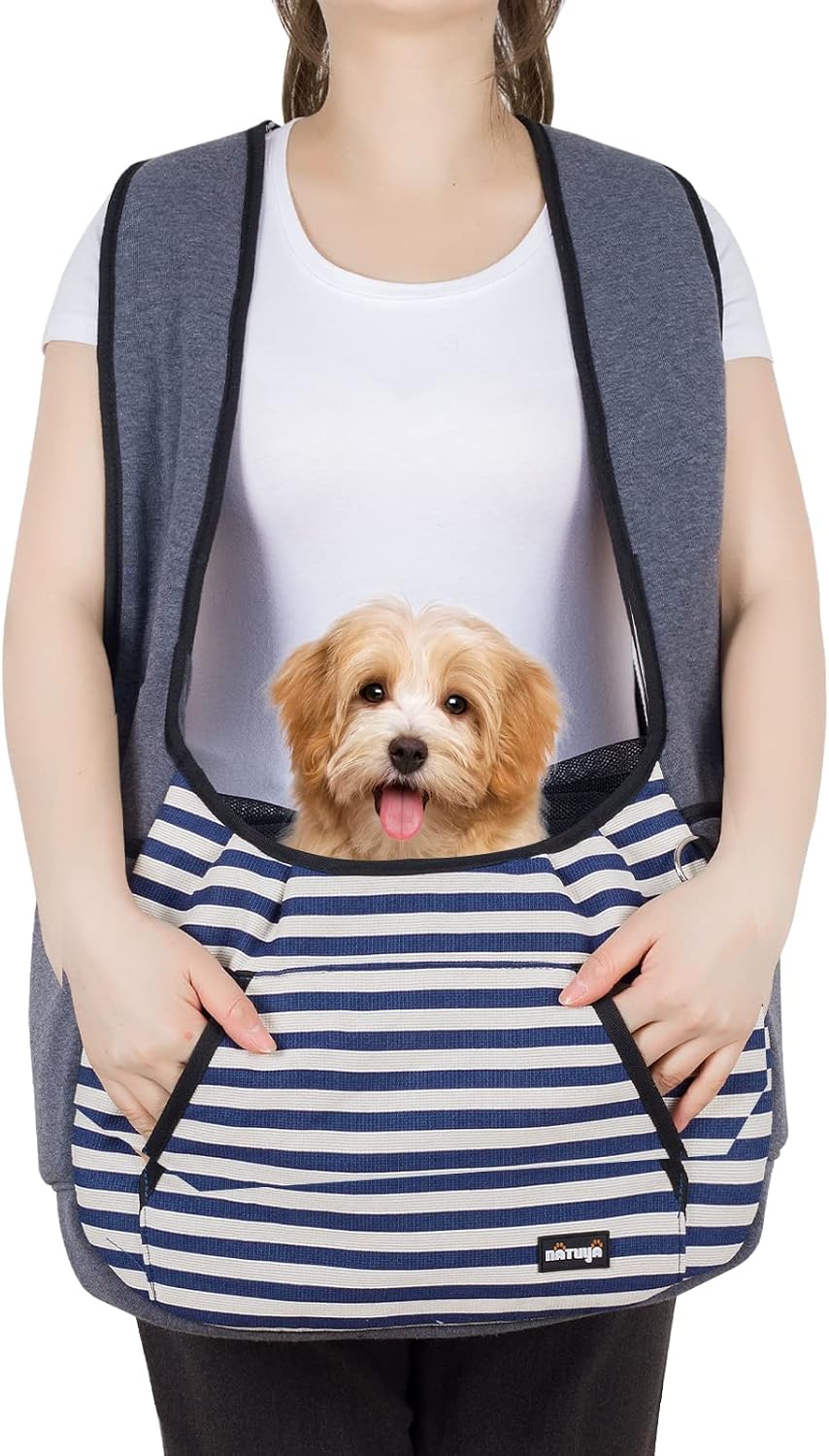 NATUYA Dog Sling Carrier Puppy Carrier, Adjustable Pet Front Sling Carrier Travel Bag with Bottom Pad, Pet Carrier for Small Dog Cat Puppy Traveling Hiking Camping (Bule Strip, 8-15 lb)