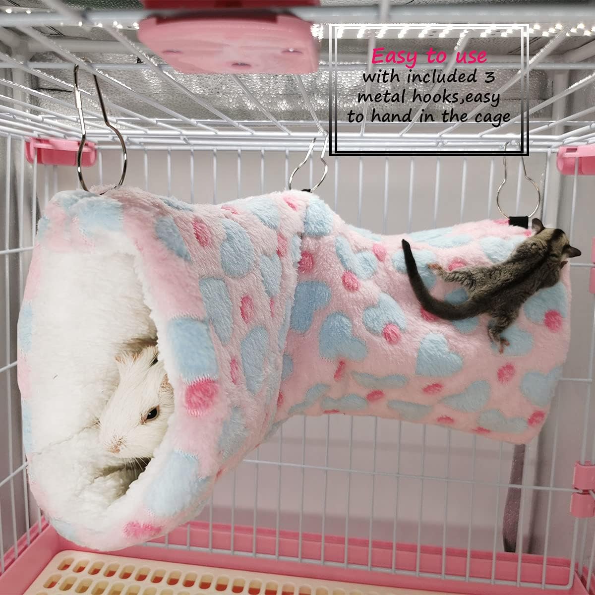 LEFTSTARER Hanging Tunnel for Small Animals Guinea Pig Accessories Sugar Glider Cage Accessories Hamster Rat Toys Ferret Hammock（Heart-Pink）