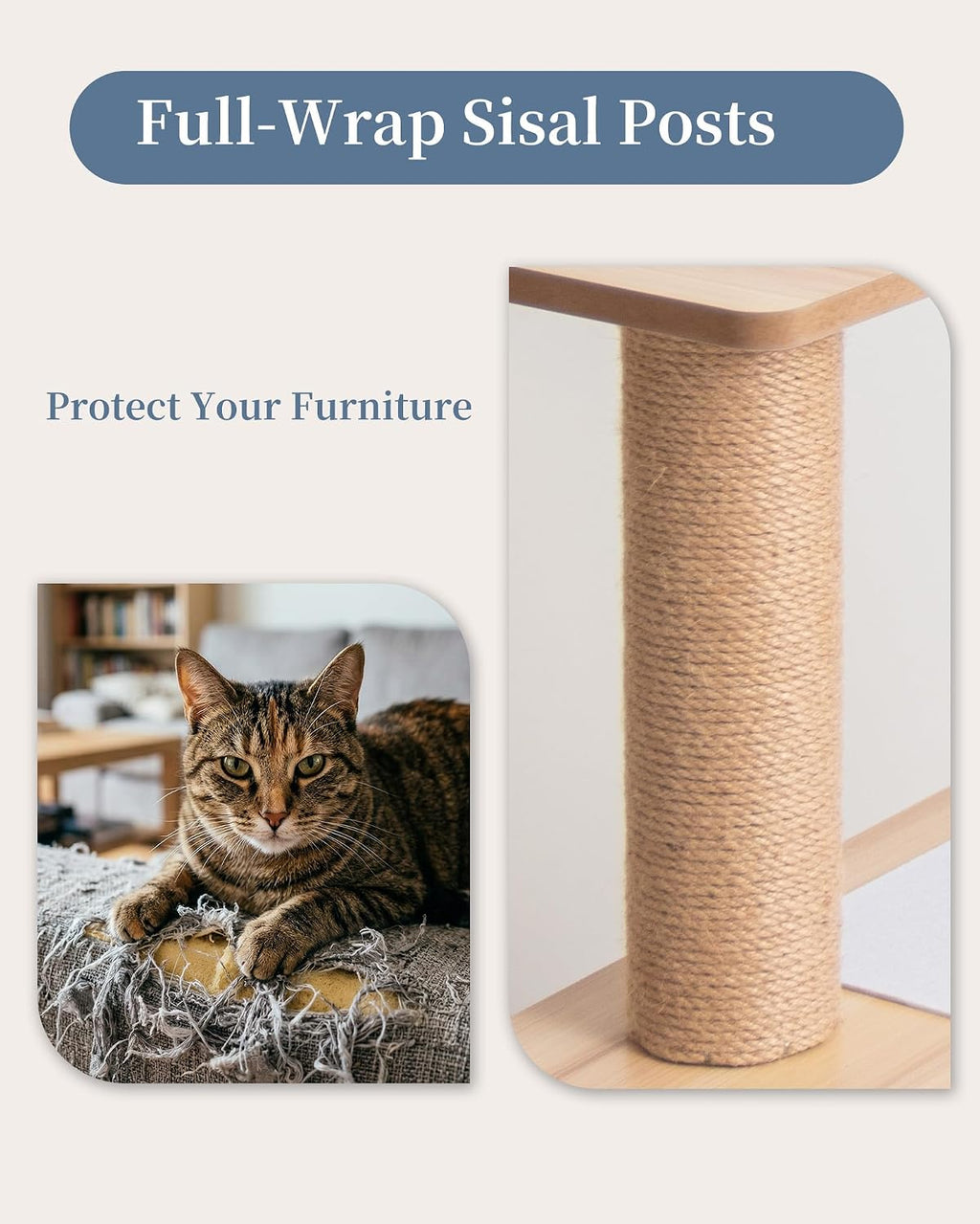 Wood Cat Tree for Indoor Cats, 53 inch Cats Furniture Tower with Large Platforms, Clear Bowl, Full Sisal Scratching Posts, Water Proof Surface