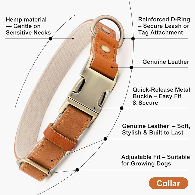 Plutus Pet Genuine Leather & Hemp Dog Collar – Adjustable Heavy Duty Pet Collar - Image 7