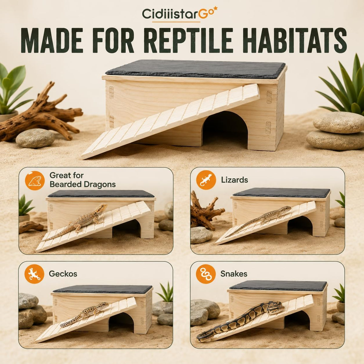 Bearded Dragon Basking Platform with Hideout Ramp & Slate Top