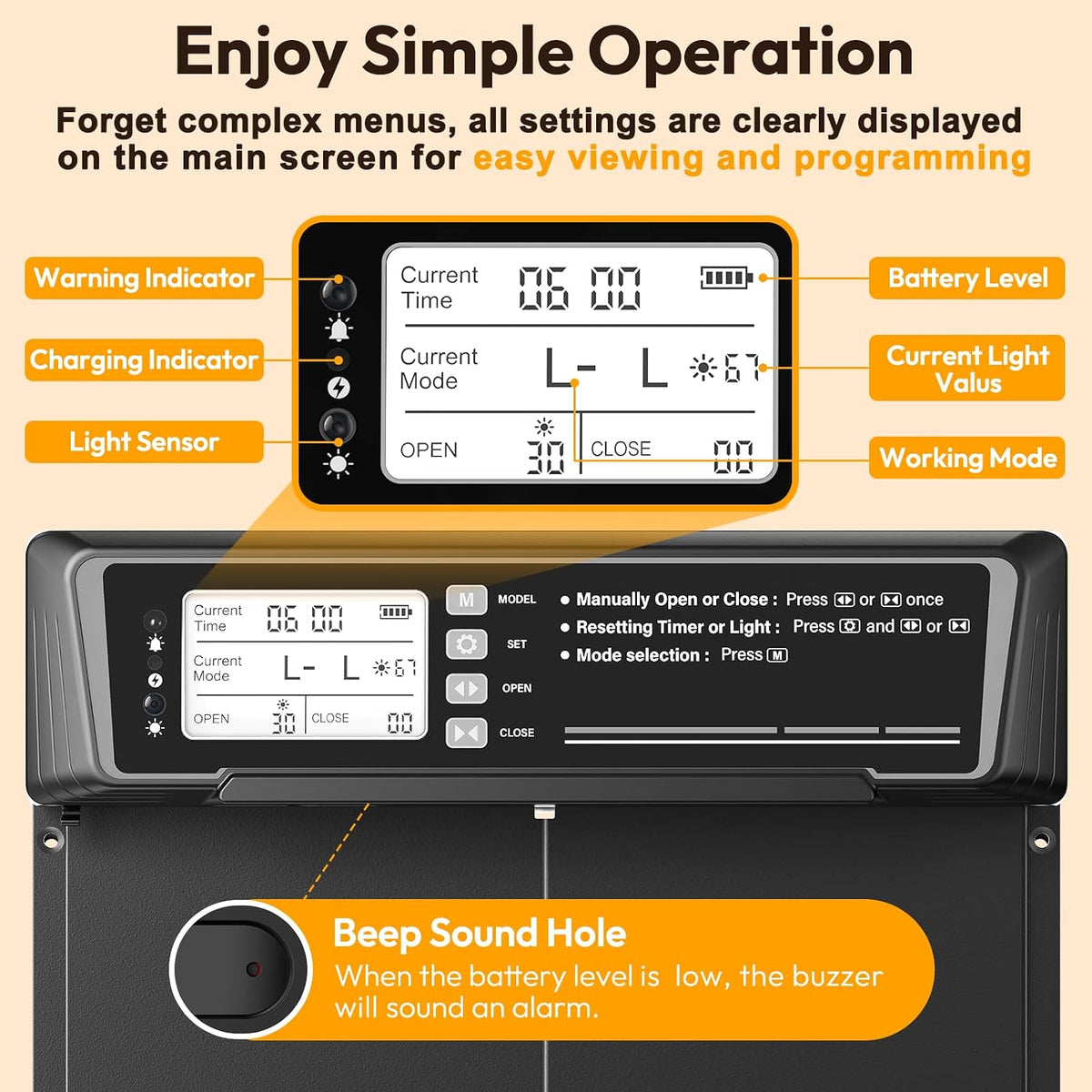 Large Size Automatic Chicken Coop Door Solar Powered - Timer/Light Sensor