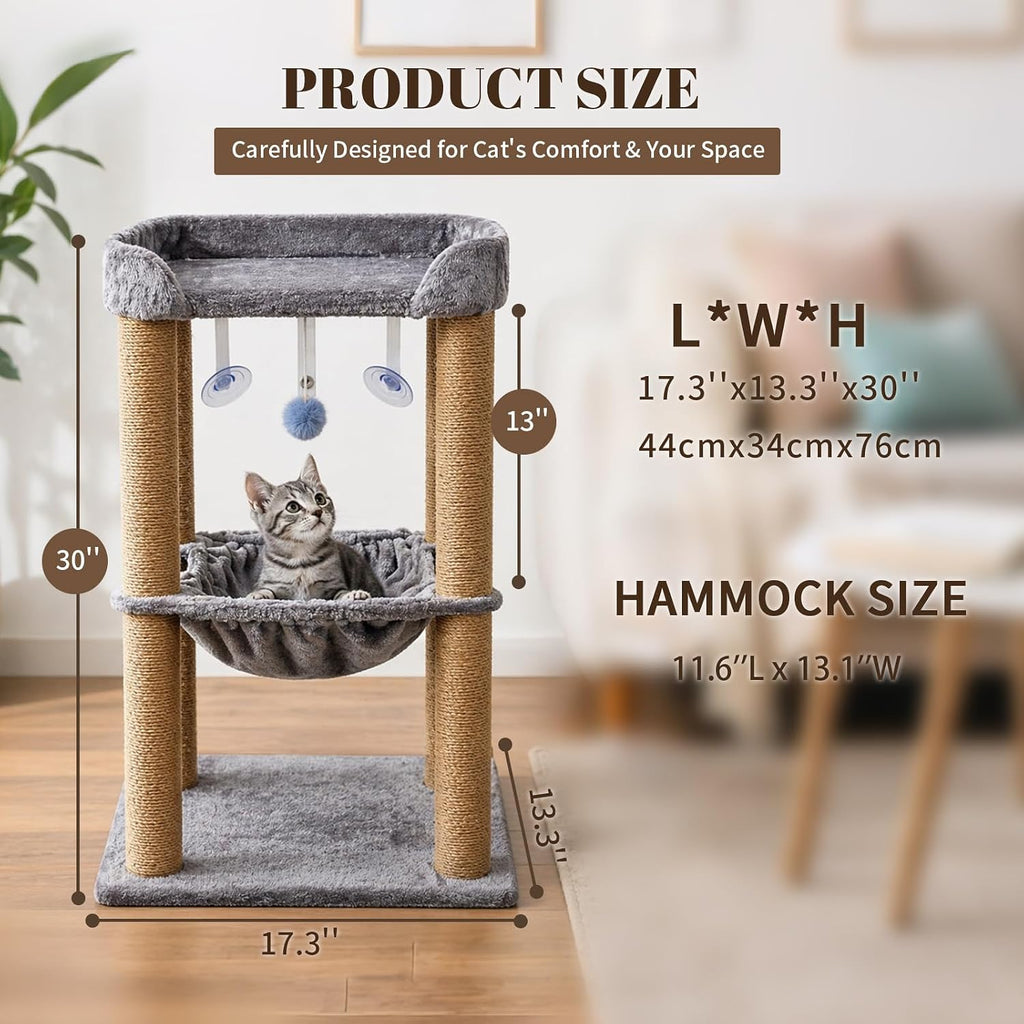 Cat Scratching Post, 4 Scratch Post, Cat Tower for Indoor Cats with Plush Cat Hammocks, Stable Cat Tree & Cat Perch, for Indoor Small Medium Large Cats (30'')