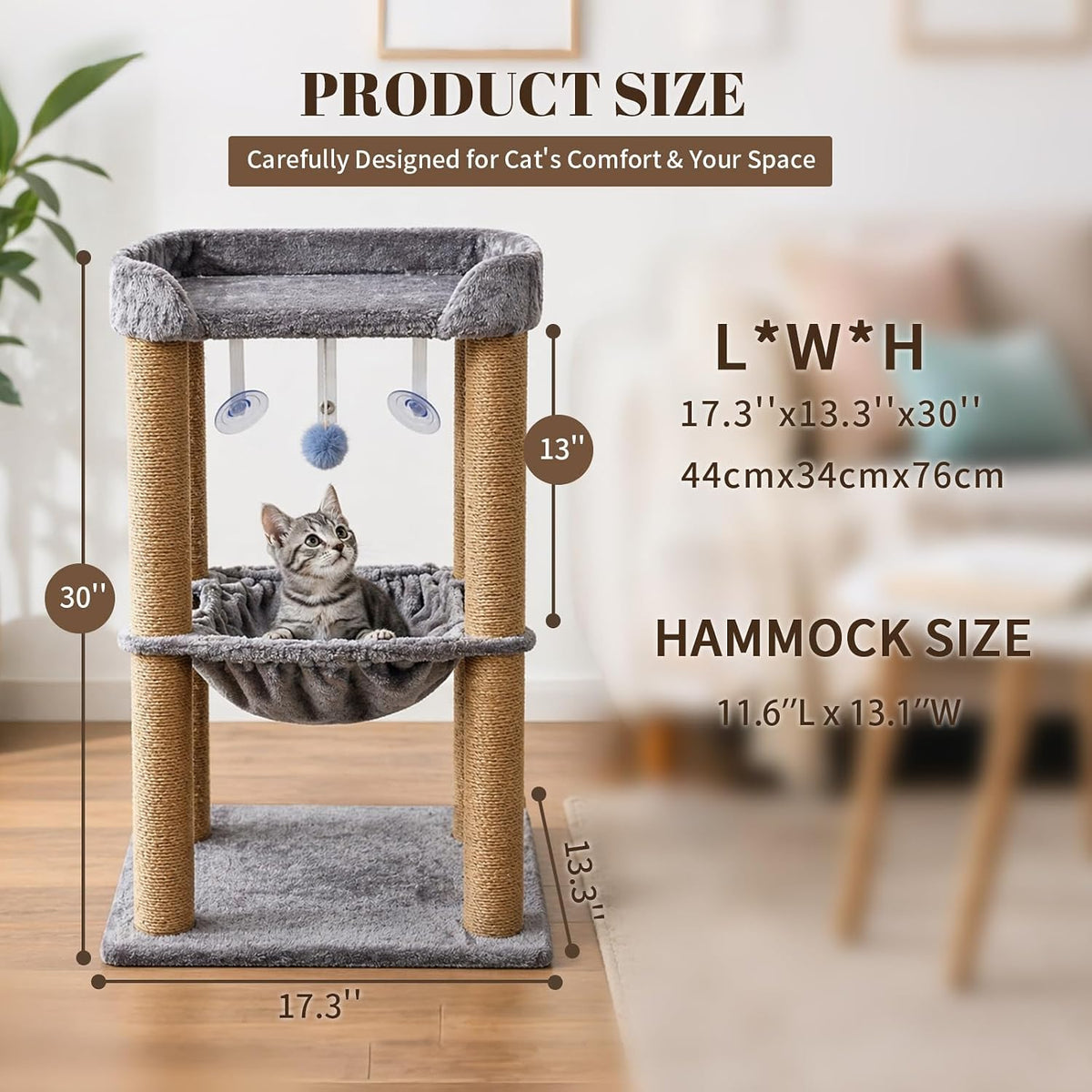 Cat Scratching Post, 4 Scratch Post, Cat Tower for Indoor Cats with Plush Cat Hammocks, Stable Cat Tree & Cat Perch, for Indoor Small Medium Large Cats (30'')