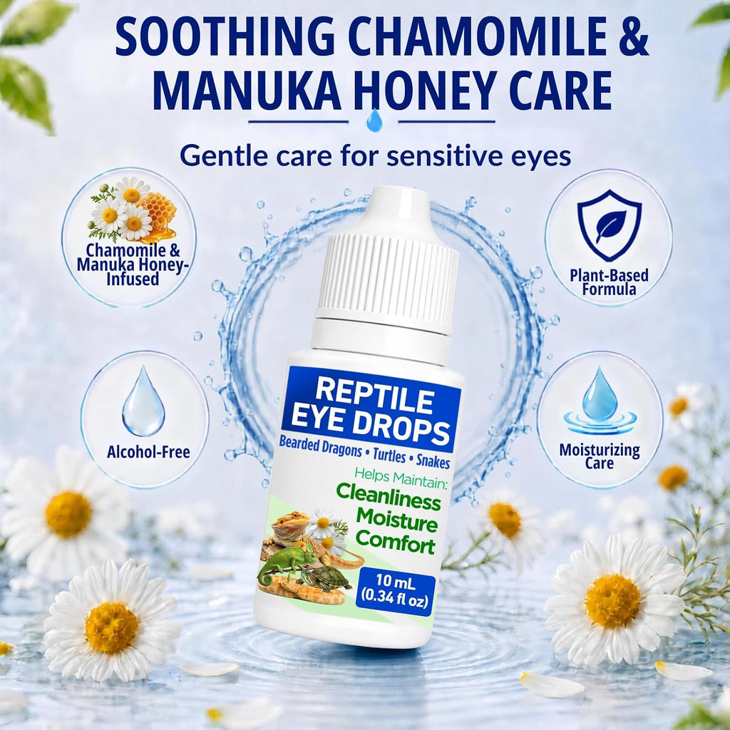 Reptile Eye Drops for Turtles, Bearded Dragons, Snakes & Lizards, Daily Eye Care Solution with Manuka Honey & Chamomile, Helps Clean Eye Area & Shedding Residue, Includes Cotton Swabs, 10 mL