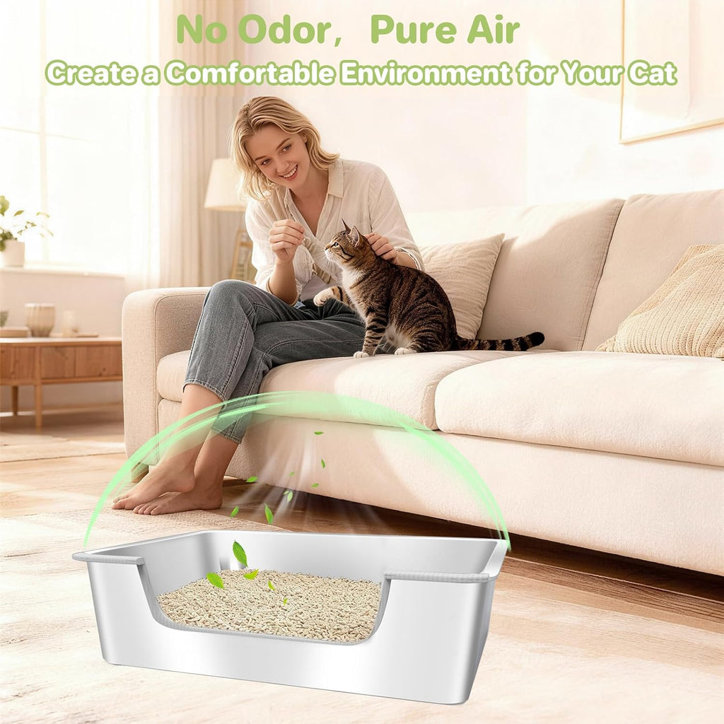 Low Entry Litter Box for Senior or Disabled & Injured Cats, Stainless Steel High Sided Enclosed Easy Step in Entry-Metal Kitty Litter Box for Kittens, Odor Control (17.7"x13.8"x5.9")