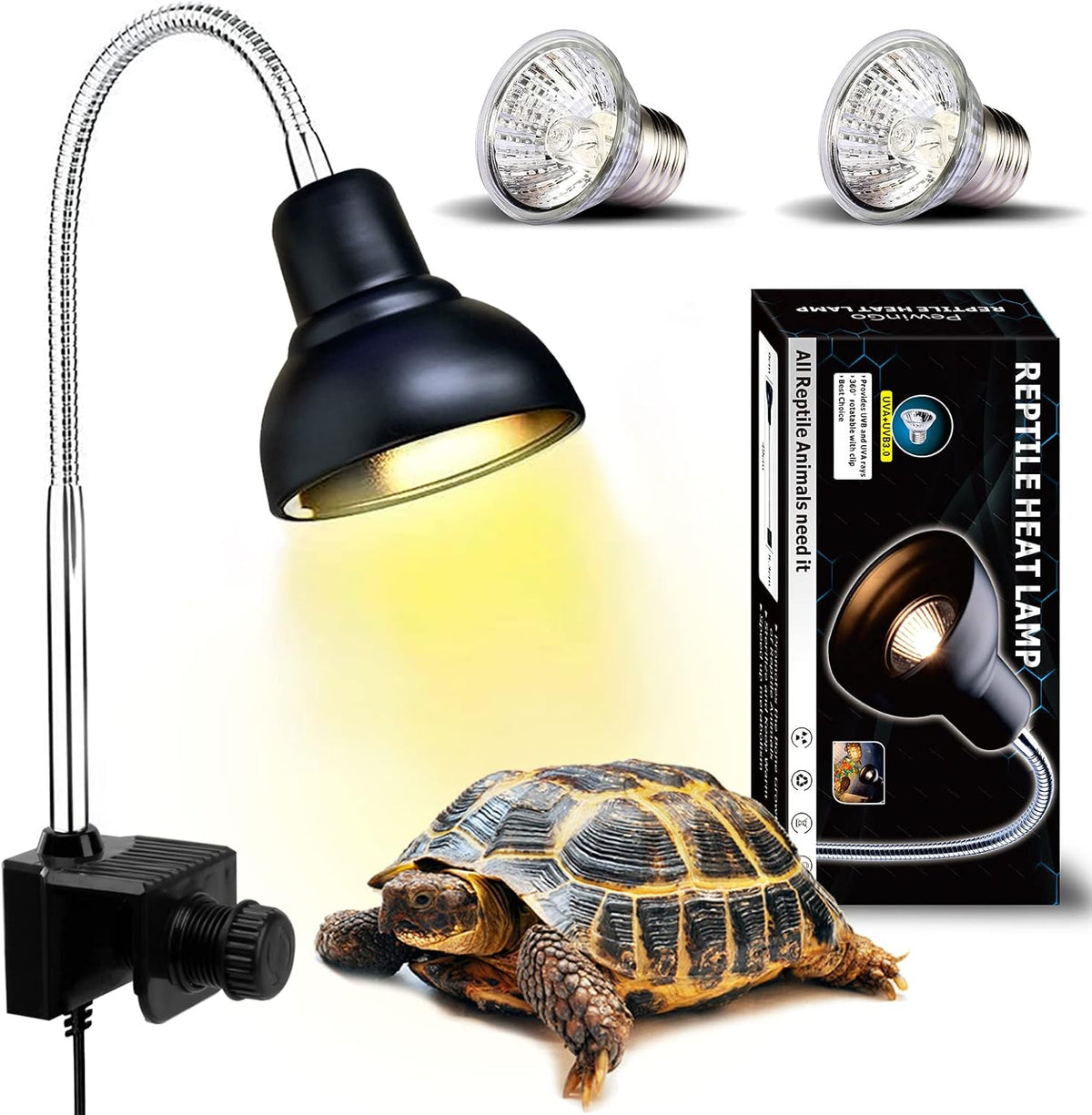 Reptile Heat Lamp, UVA UVB Light for Aquarium Turtle Tank, with 2 * 50w Basking Bulb and 360° Swivel Clamp Stand for Tortoise, Snake, Frog, Lizard, Cockatoo, Chameleon. Halogen, Yellow Light
