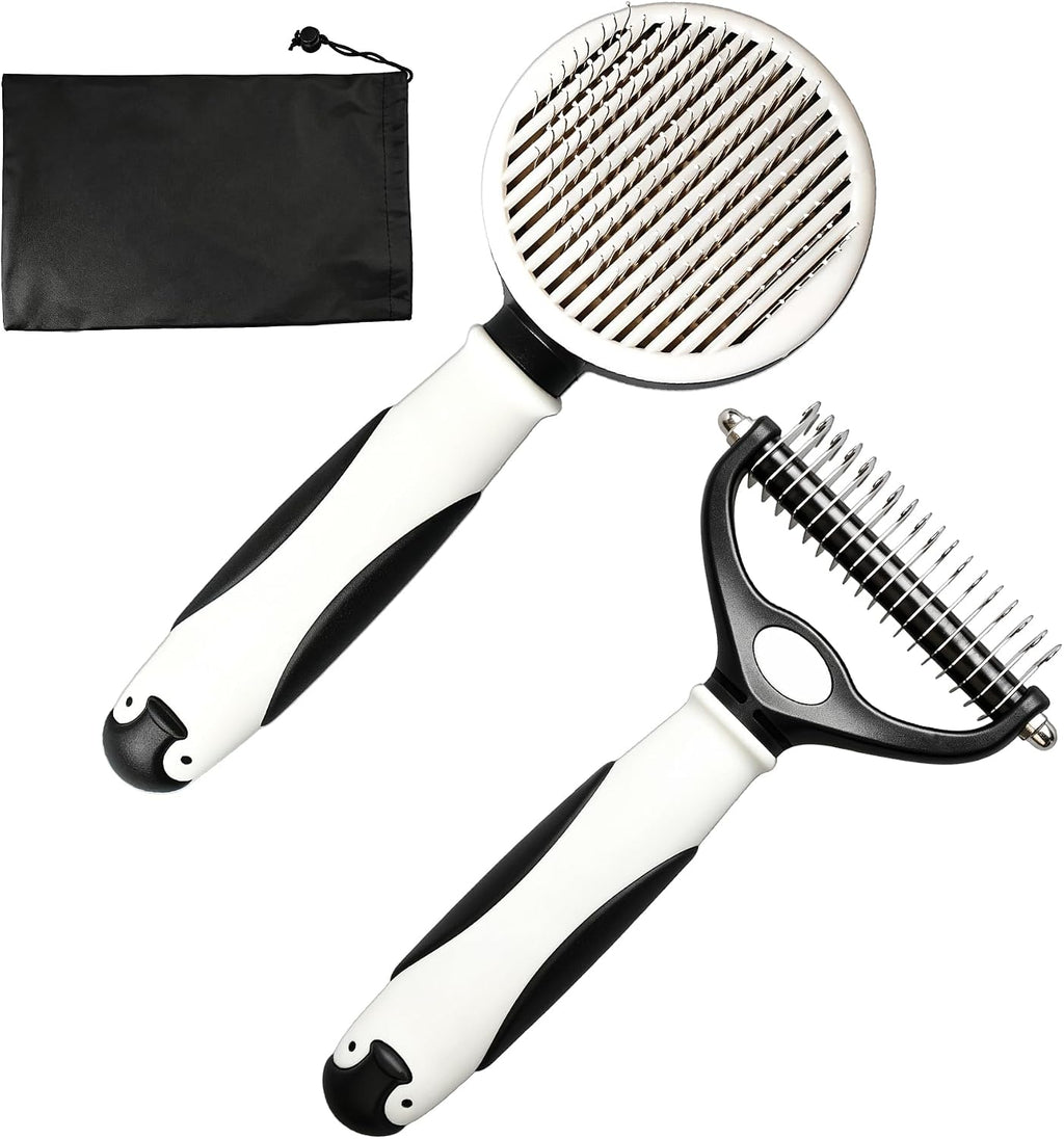 2Pc Dematting Rake & Self-Cleaning Slicker Brush for Dogs Cats