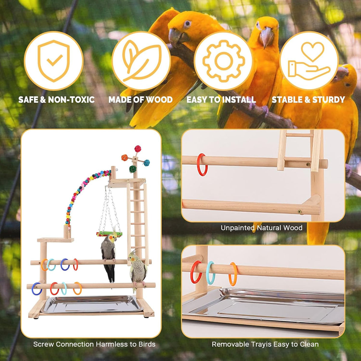 Bird Playground, Parrot Perch Stand, Natural Wood Playstand Play Gym with 2 Perches Stand, Bird Cage Accessories, Parrot Swing for Parakeet Conure Cockatiel Lovebird