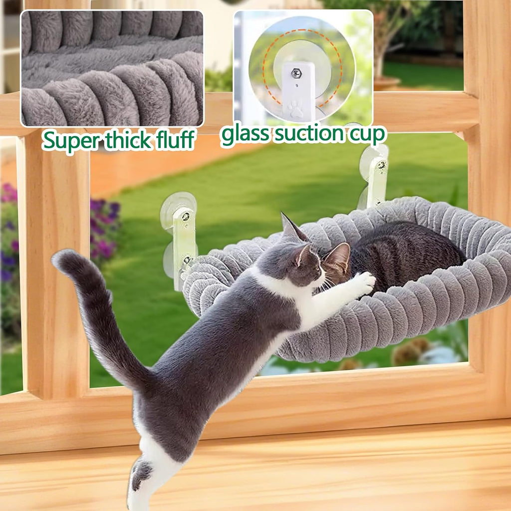 Collapsible Window Perch for Indoor Cats, Large Cats & Kittens - Equipped with a Cat-Catching Stick, Solid Metal Frame, Soft Cover, Strong 4 Suction Cup Wall Mount