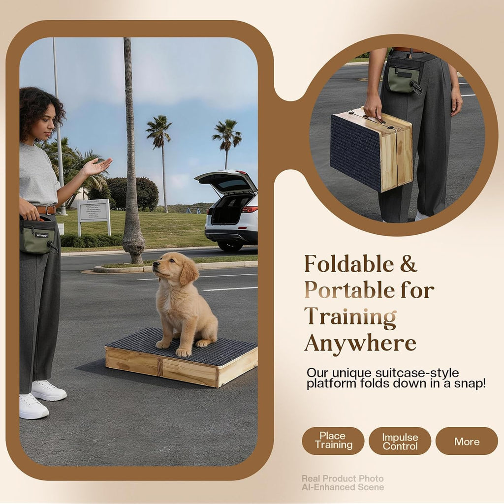 Solid Wood Dog Training Platform, Non-Skid Dog Place Board with Carpet Surface, Portable Dogs Agility Equipment, Connectble Dogs Training Floor Protection Trays for Behavior Basics, 24x16in