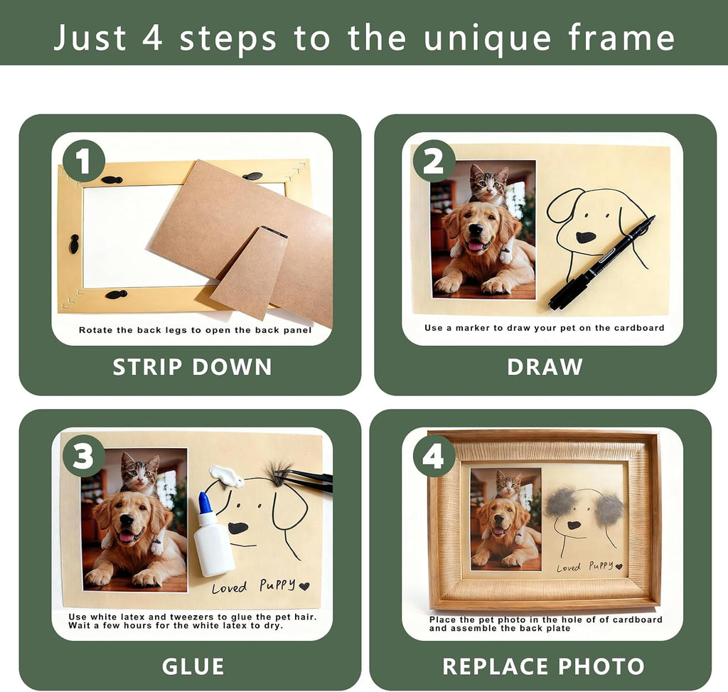 Pet DIY Frame with Hair Paste kit-DIY Memorial Keepsake for Cats and Dogs. Ideal Home Decoration and Gift. Pet Fur Keepsake kit with Customization Tool, Wooden Photo Print Frame. (Small)