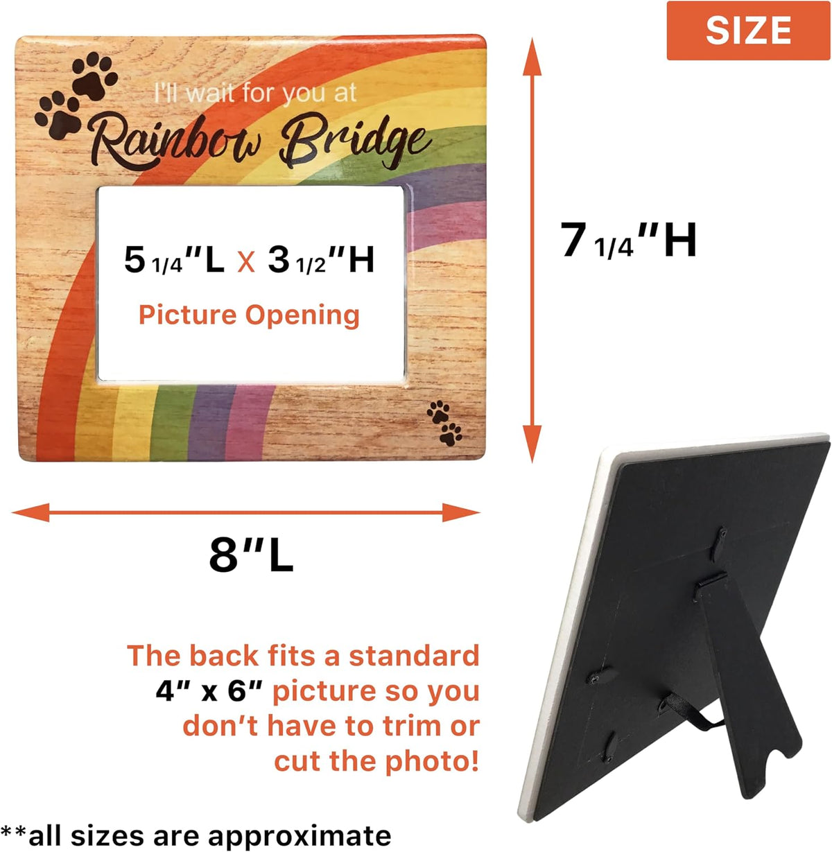 Rainbow Bridge Pet Memorial Picture Frame, Loss of Dog or Cat Sympathy Gift, I’ll Wait for You at Rainbow Bridge Personalized Pet Photo Option, 4 x 6 Picture Frame for Pet Bereavement Condolence Gift