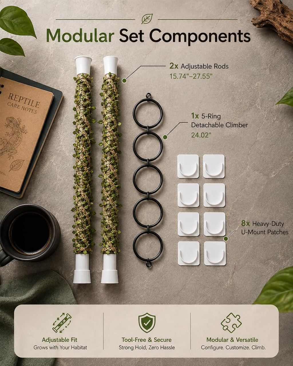 Snake Tank Accessories, 3-Piece Adjustable Climbing Set for Snakes