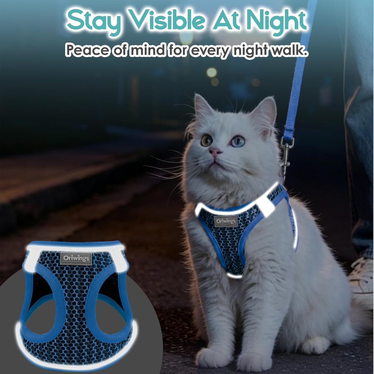 Cat Harness and Leash Set, Step-in Soft Vest, Blue, M