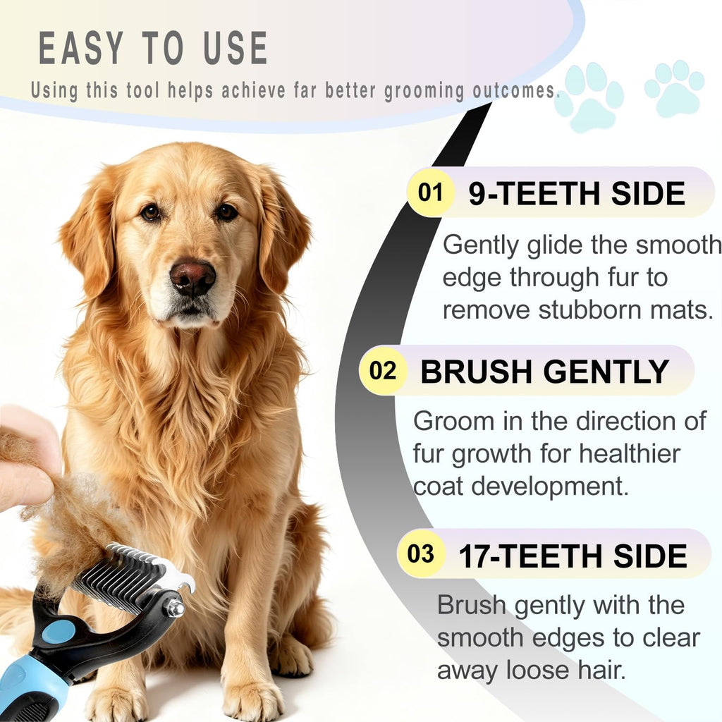 Dog Deshedding Rake for Shedding, Double-Sided Grooming Tool for Dogs & Cats, Gentle Skin-Friendly Pet Brush for Long and Short Hair Breeds, Removes Loose Hair and Keeps Coats Healthy (Brush & Comb)