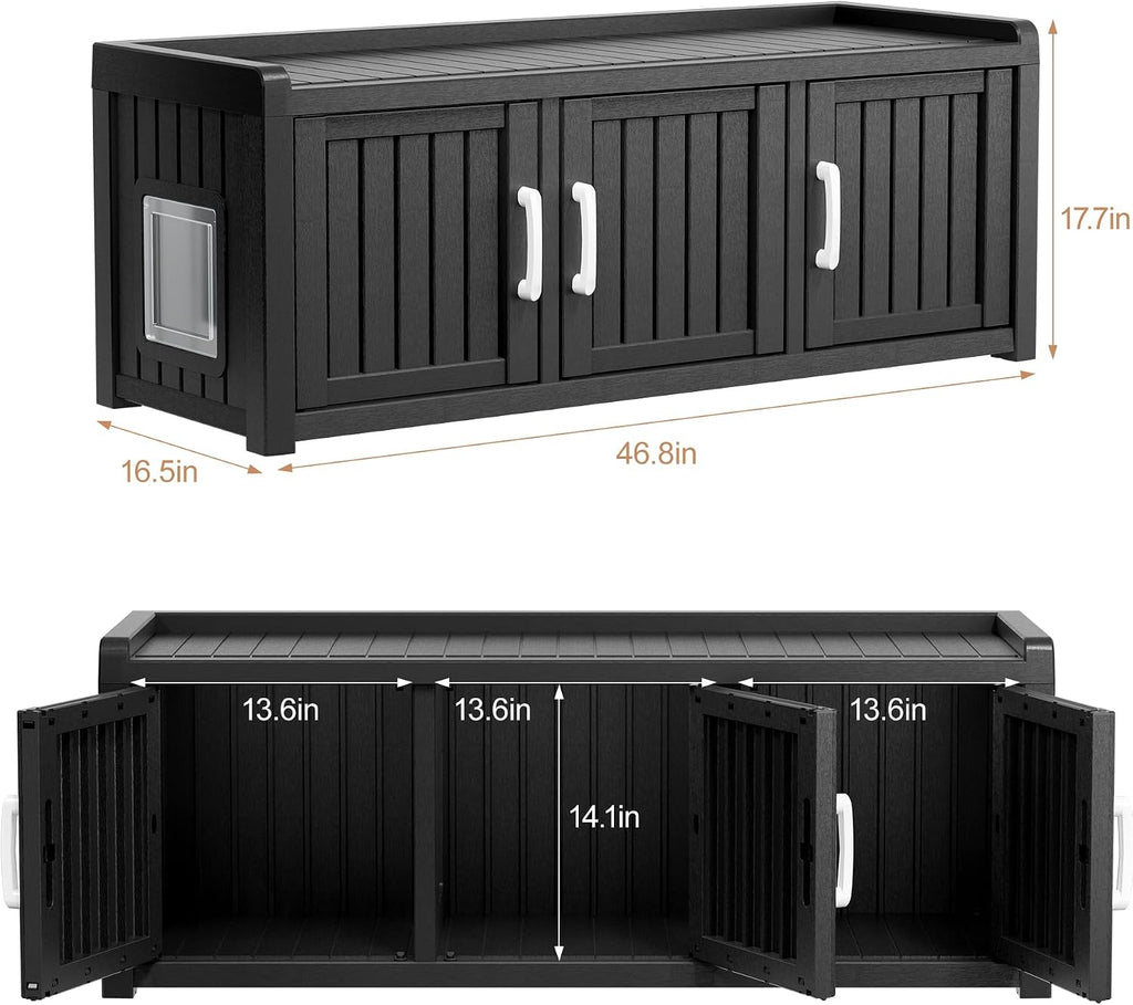 Cat Litter Box Enclosure, Hidden Cat Litter Box Furniture for 2 Cats, Resin Outdoor Cat Enclosure with Hidden Toilet, End Table, Fit Cat Litter Box, Black-Dual-Side Entry/exit