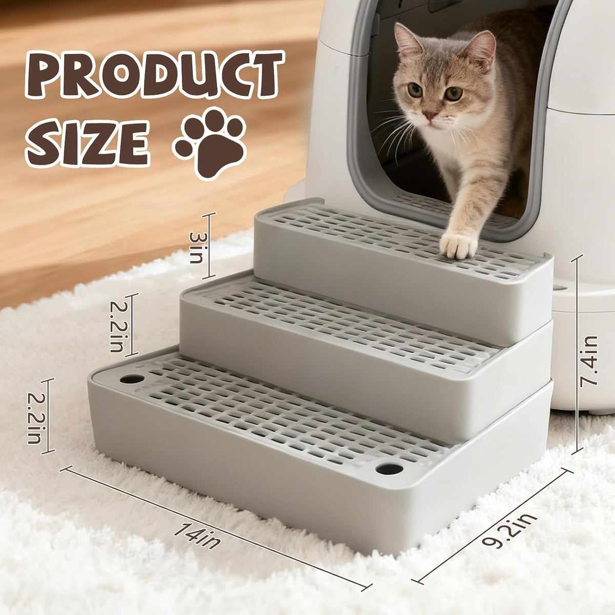 Adjustable 3-Step Cat Ramp for Litter Box, Litter Trapper, Grey