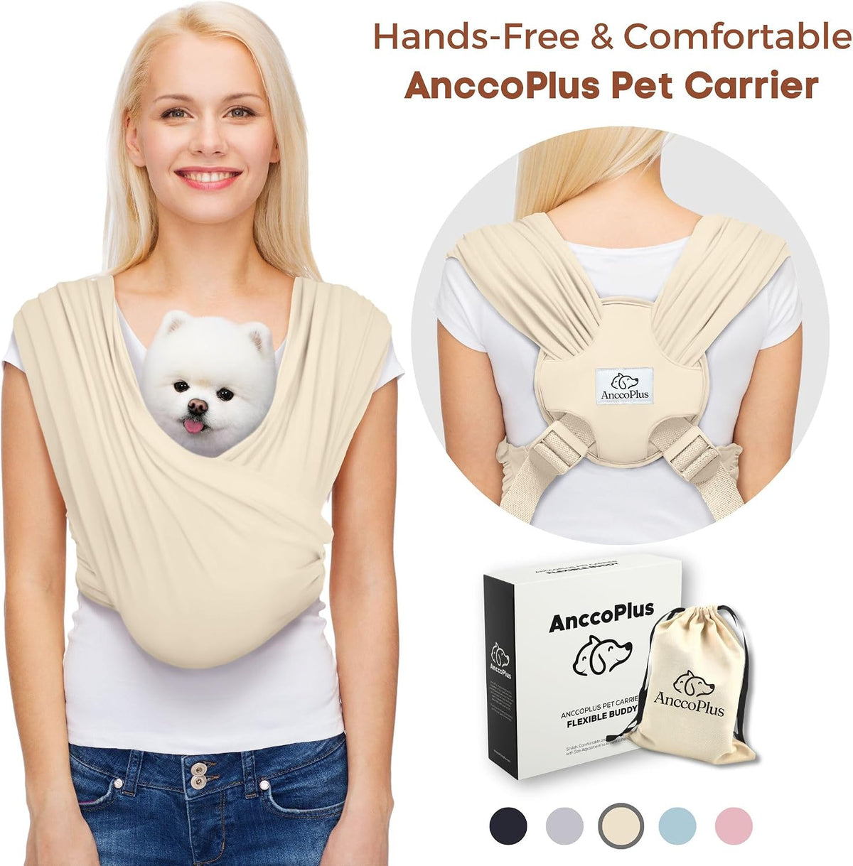 AnccoPlus Small Dog Sling Carrier, Hands-Free, Beige, Regular