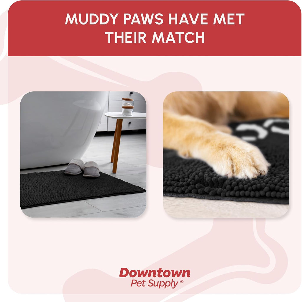 Microfiber Dog Mat for Muddy Paws, 36" x 26" Black with Paw Print - Absorbent and Quick-Drying Dog Paw Cleaning Mat, Washer and Dryer Safe - Non-Slip Rubber Backed Pet Mat, Large