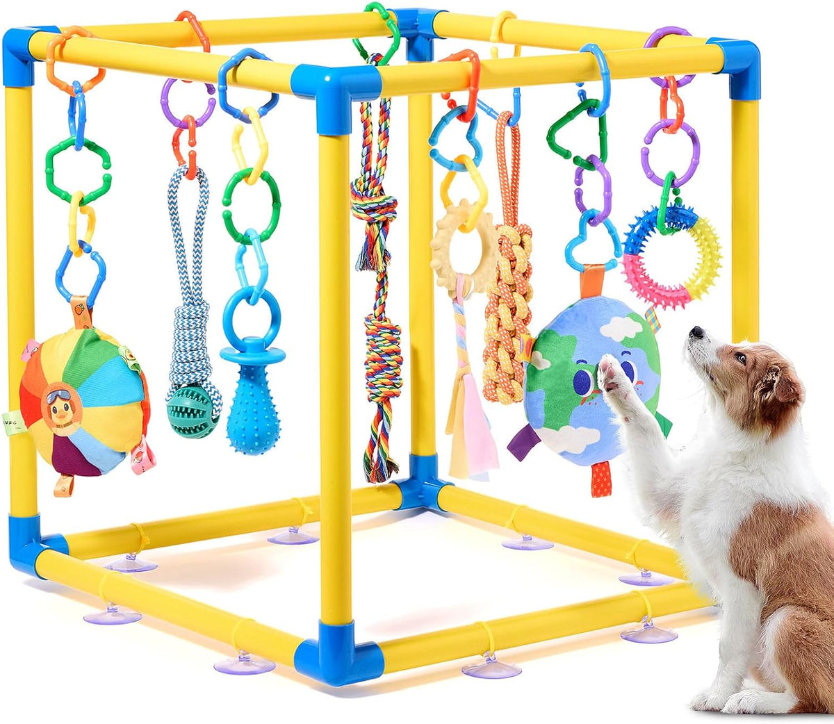 Puppy Play Gym with 8 Hanging Toys, Small Dogs Indoor Jungle Playground, PVC Frame with Suction Cups Interactive Enrichment Activity Center