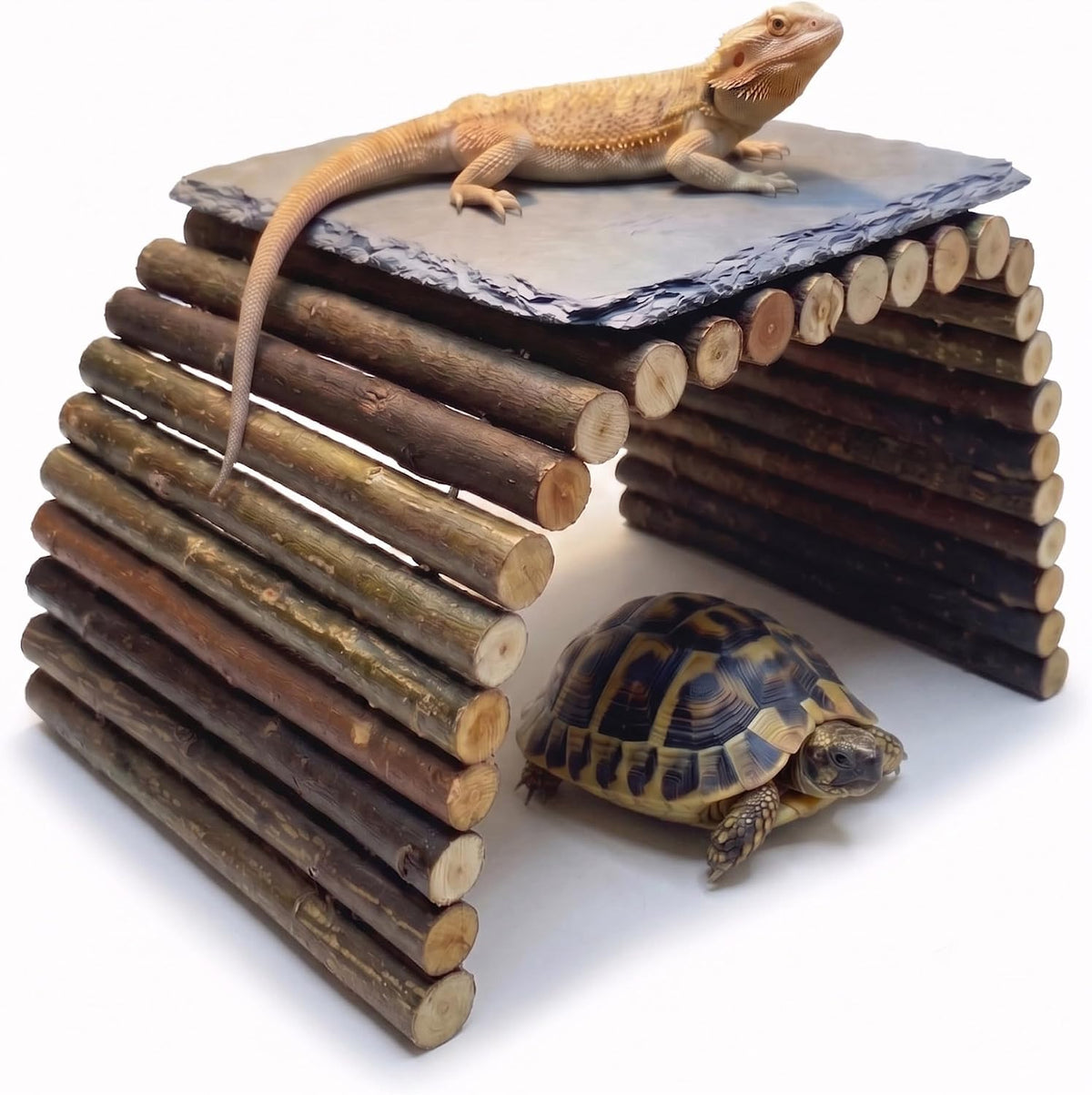 Bearded Dragon Tank Accessories – Rock Basking Platform with Wooden Climbing Ramp, Basking Rocks for Bearded Dragons, Reptile & Amphibian Habitat Hideouts for Tortoise, Gecko & Snake.