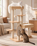 Modern Cat Tree, 53.4 Inches Wooden Multi-Level Cat Tower with Scratching Posts, Sisal Board, Condo, Plush Perch & Toy Ball, Pet Activity Center for Adult Cats