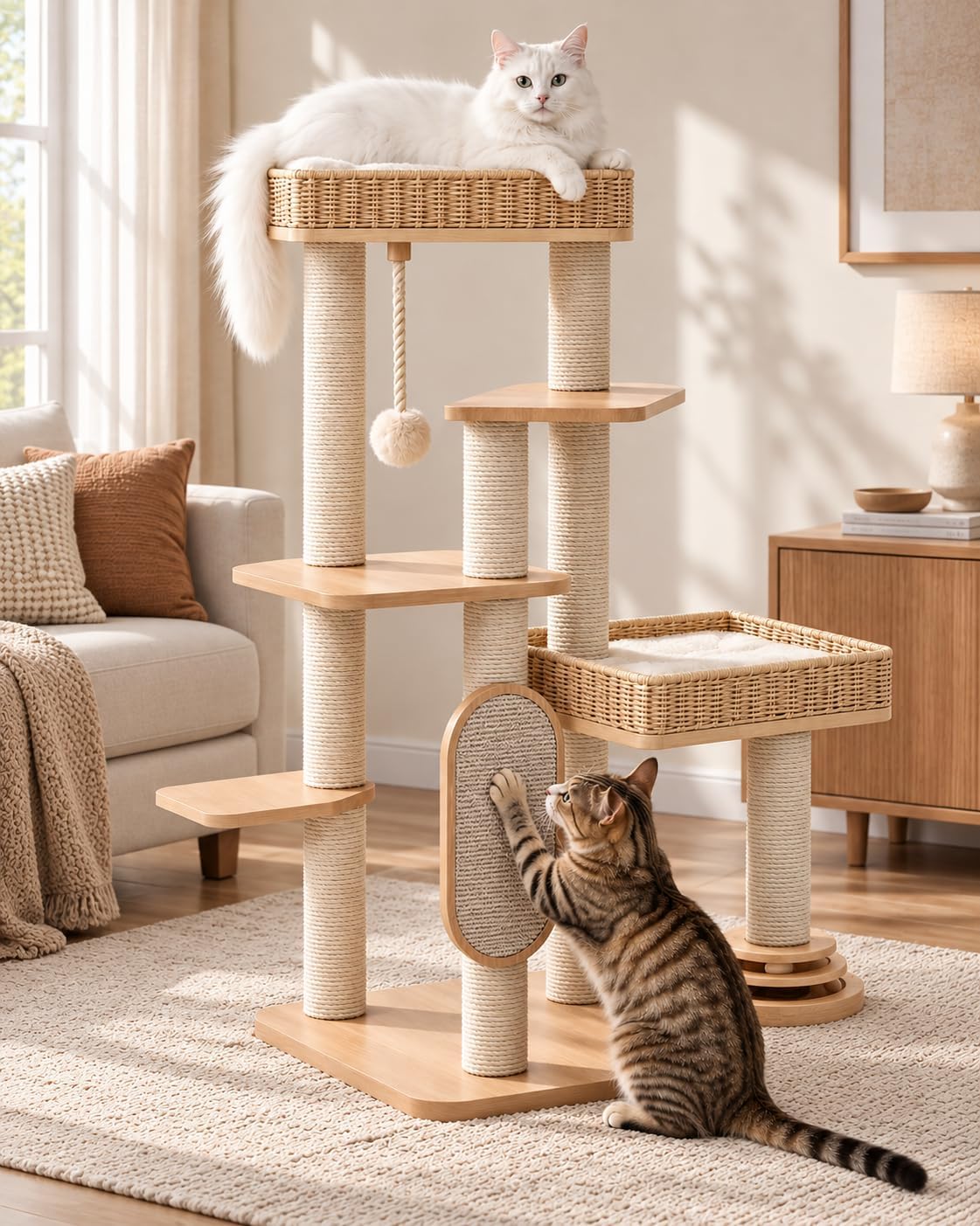 Modern Cat Tree, 53.4 Inches Wooden Multi-Level Cat Tower with Scratching Posts, Sisal Board, Condo, Plush Perch & Toy Ball, Pet Activity Center for Adult Cats