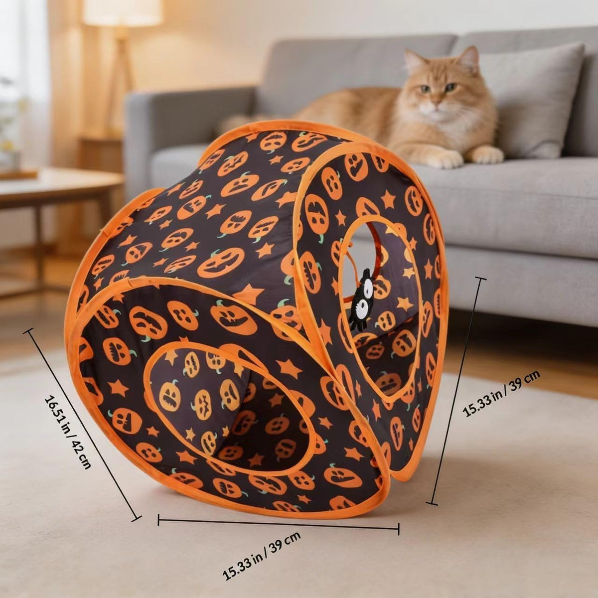 Halloween Cat Tent Cube for Indoor Cats, Pop Up Kitten Play Tunnel House, Collapsible Pet Hideaway Cave Box Toys with 3 Holes, Pumpkin Hut