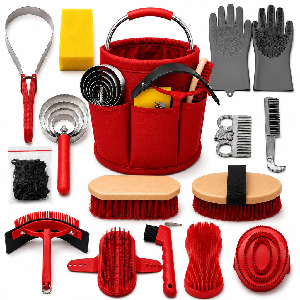 Horse Grooming Kit For Care Bathing & Shedding Brushes & Curry Combs with Organizer Bucket & Silicone Grooming Gloves All-in-One Supplies for Enthusiasts & Professionals
