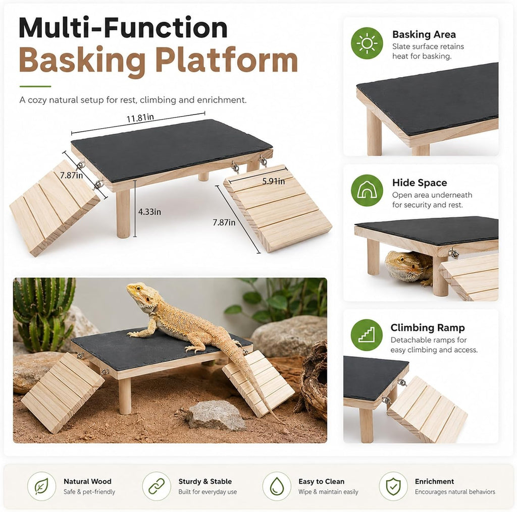 Bearded Dragon Basking Platform with Climbing Ramp, Wooden Bearded Dragon Platform Reptile Basking Platform with Slate Stone for Bearded Dragons Leopard Geckos Lizards Turtles Hamsters A