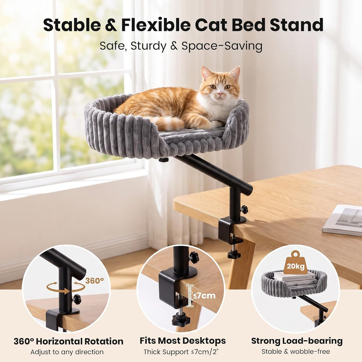 Desk Cat Bed Adjustable 360° Rotating Clamp-On Cat Perch Holds Up to 44 Lbs