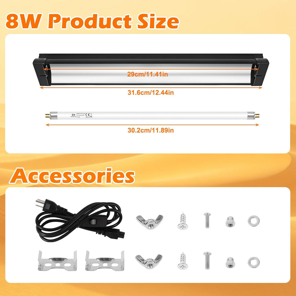 T5 UVB Reptile Light Fixture Combo Kit 8W 10.0 – Complete HO UVB Light for Reptiles with 12.44" Terrarium Hood, Desert UVB Bulb for Bearded Dragon Gecko Tortoise Lizard – Easy to Install and Use