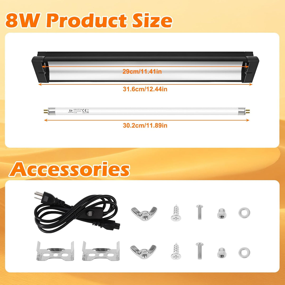 T5 UVB Reptile Light Fixture Combo Kit 8W 10.0 – Complete HO UVB Light for Reptiles with 12.44" Terrarium Hood, Desert UVB Bulb for Bearded Dragon Gecko Tortoise Lizard – Easy to Install and Use
