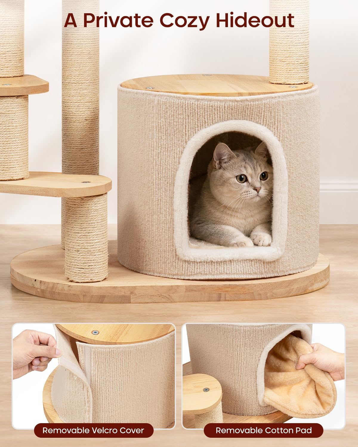 Solid Wood Cat Tree for Kitten & Munchkin, Modern Cat Tower with Low-Rise Steps, Indoor Multi-Level Aesthetic Boho Cat Furniture with Space Capsule, Condo, Hand-Woven Bed,for Minuet & Napoleon