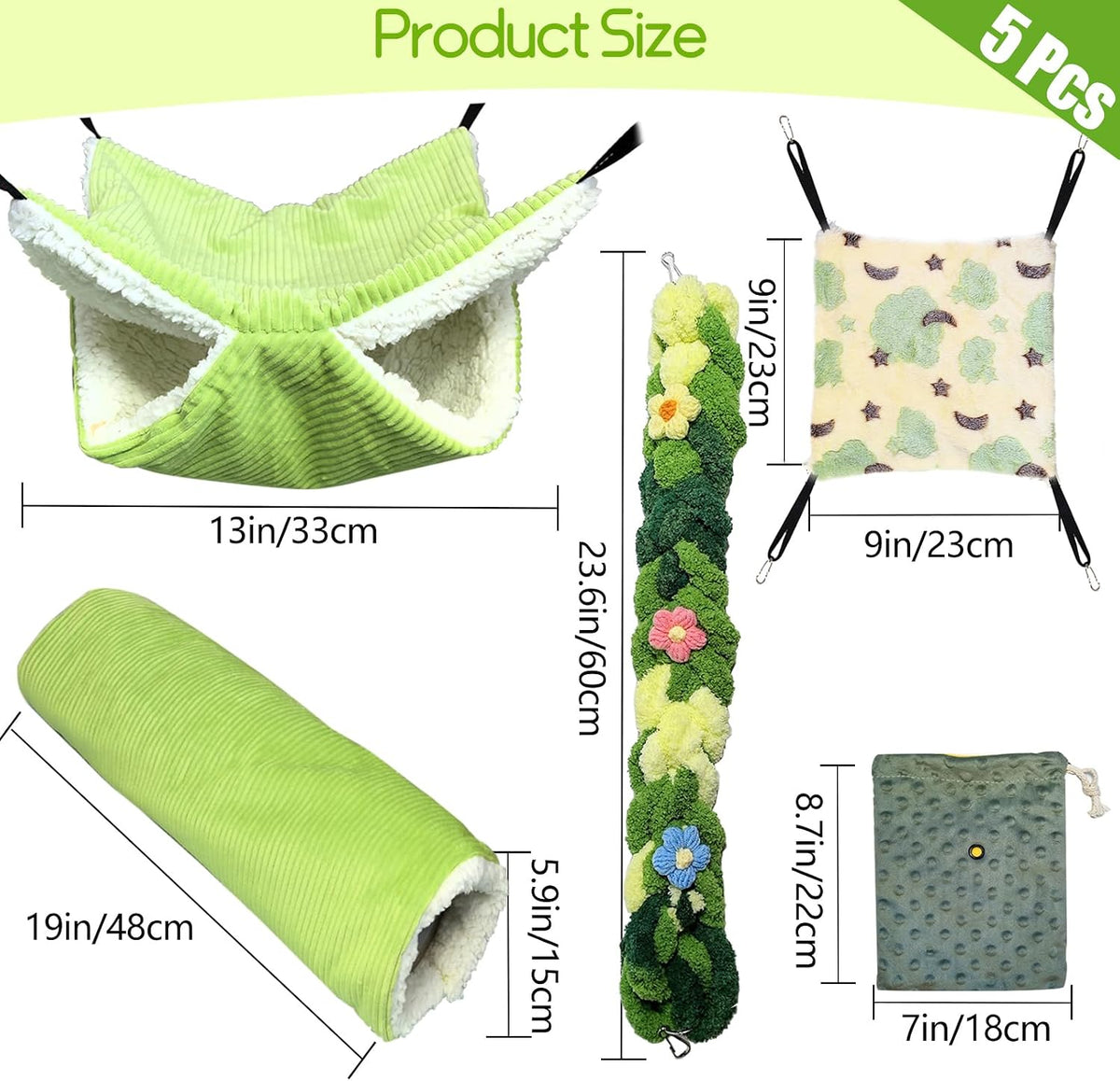 Hamiledyi Rat Hammock 5 Pack Sugar Glider Bed Climbing Ropes Toys Ferret Tunnel Hanging Hammock Swing Hideout Cage Accessories for Hamster Mice Small Animals