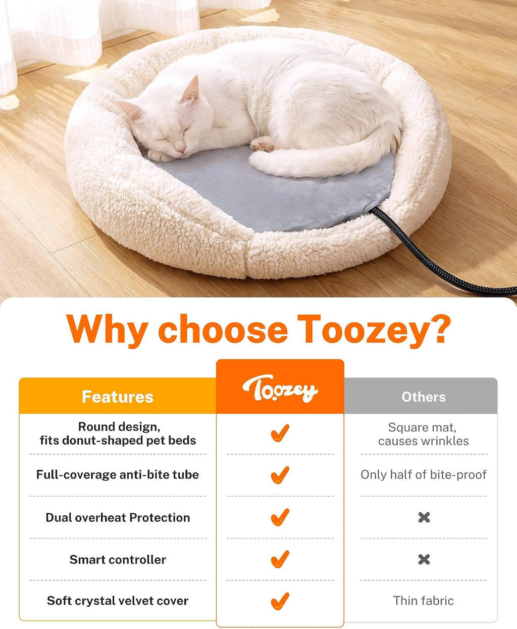 Toozey Round Pet Heating Pad, 6 Heat Settings, Timer, 12 x 12 in