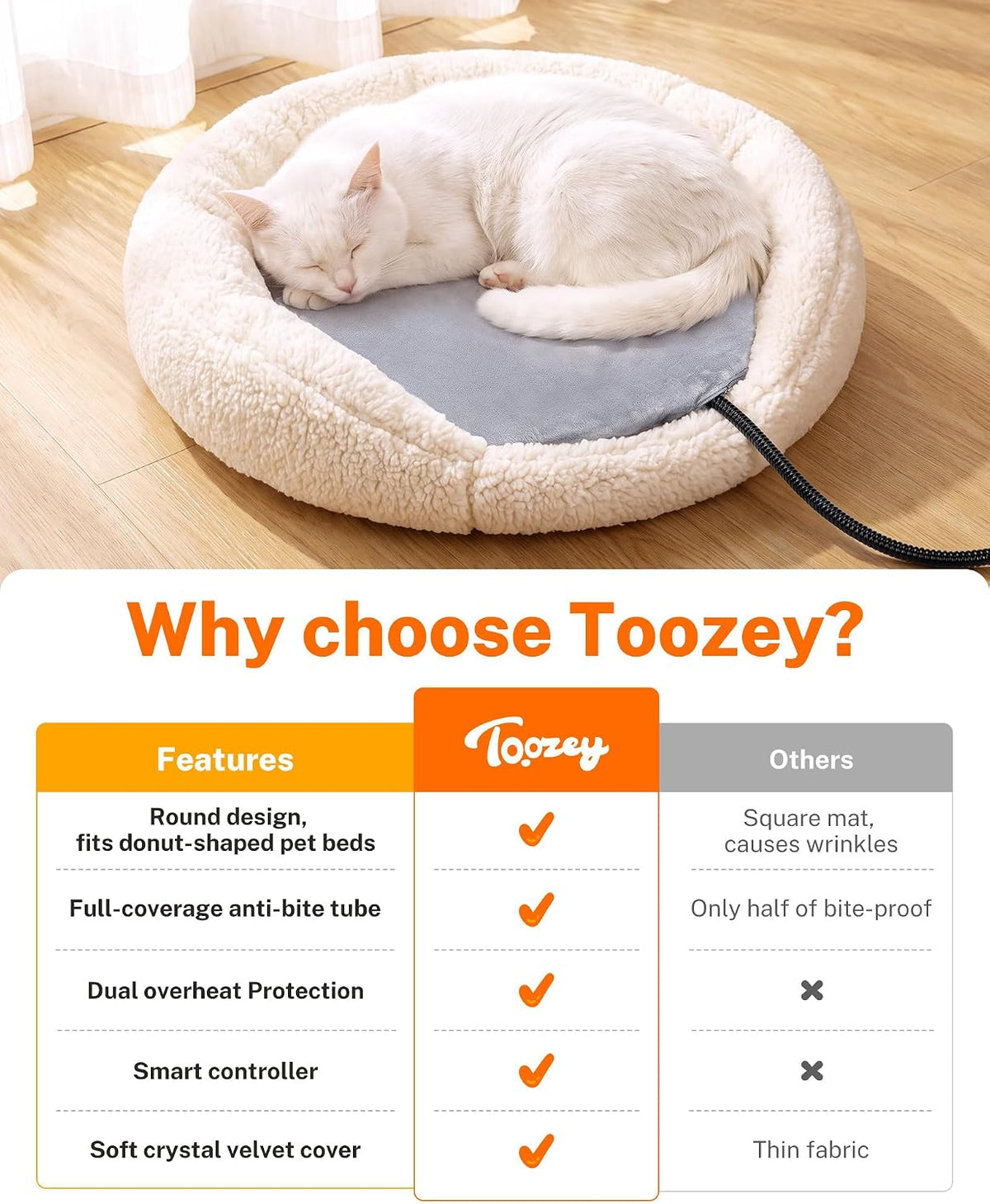 Toozey Round Pet Heating Pad, 6 Heat Settings, Timer, 12 x 12 in