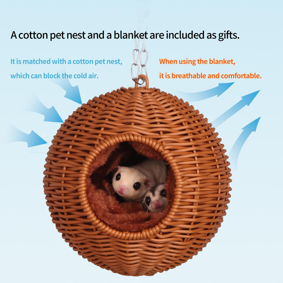 Small Animal Hammock, PP Rattan Hiding Place with Removable Cotton nest, Suitable for Hamsters, Guinea Pigs, Rats, Sugar Gliders, Squirrels, Parrots (Brown)