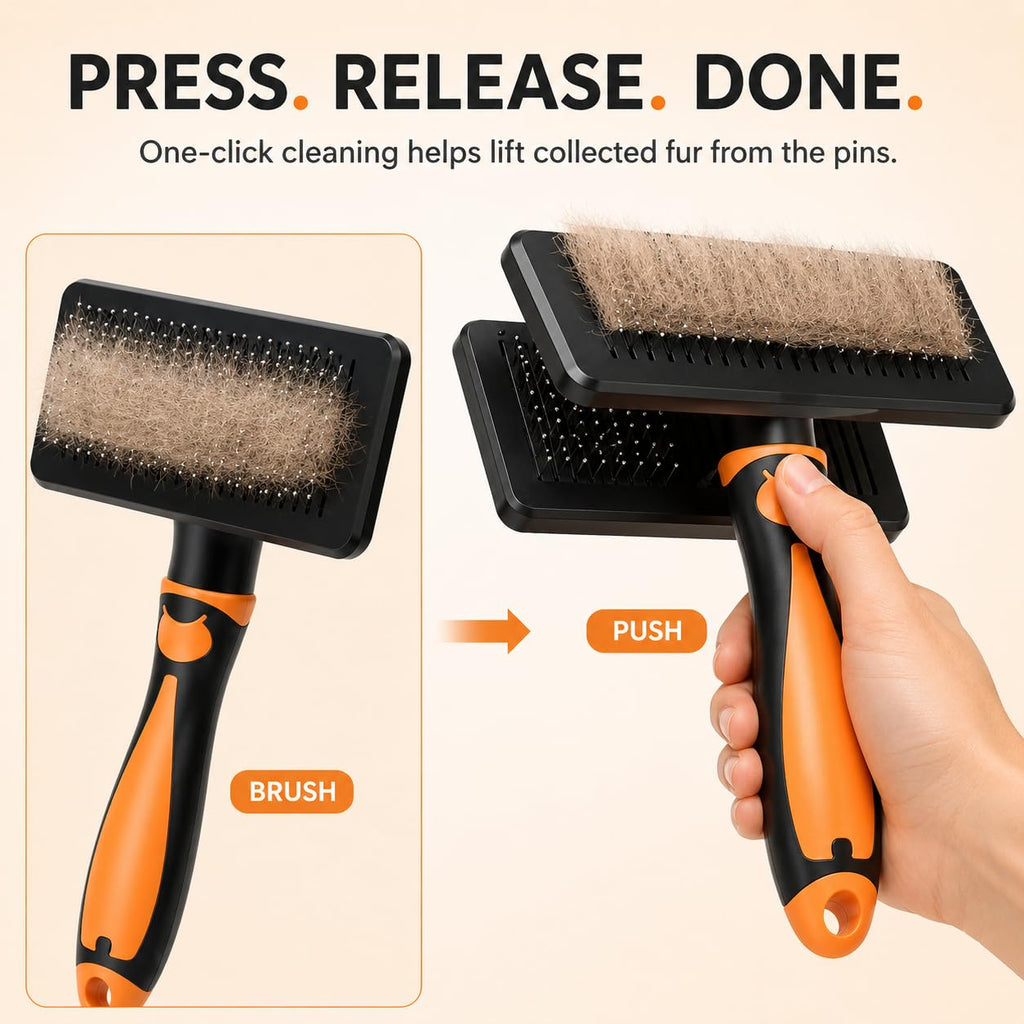 Self-Cleaning Slicker Brush for Dogs & Cats, Extra-Long Pins for Long & Short Hair, Large Grooming Brush for Deshedding, Detangling & Undercoat Removal, Orange