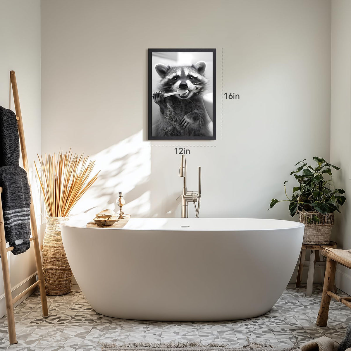 Snlihc Wood Framed Funny Raccoon Brushing Teeth Bathroom Wall Art 12x16 in