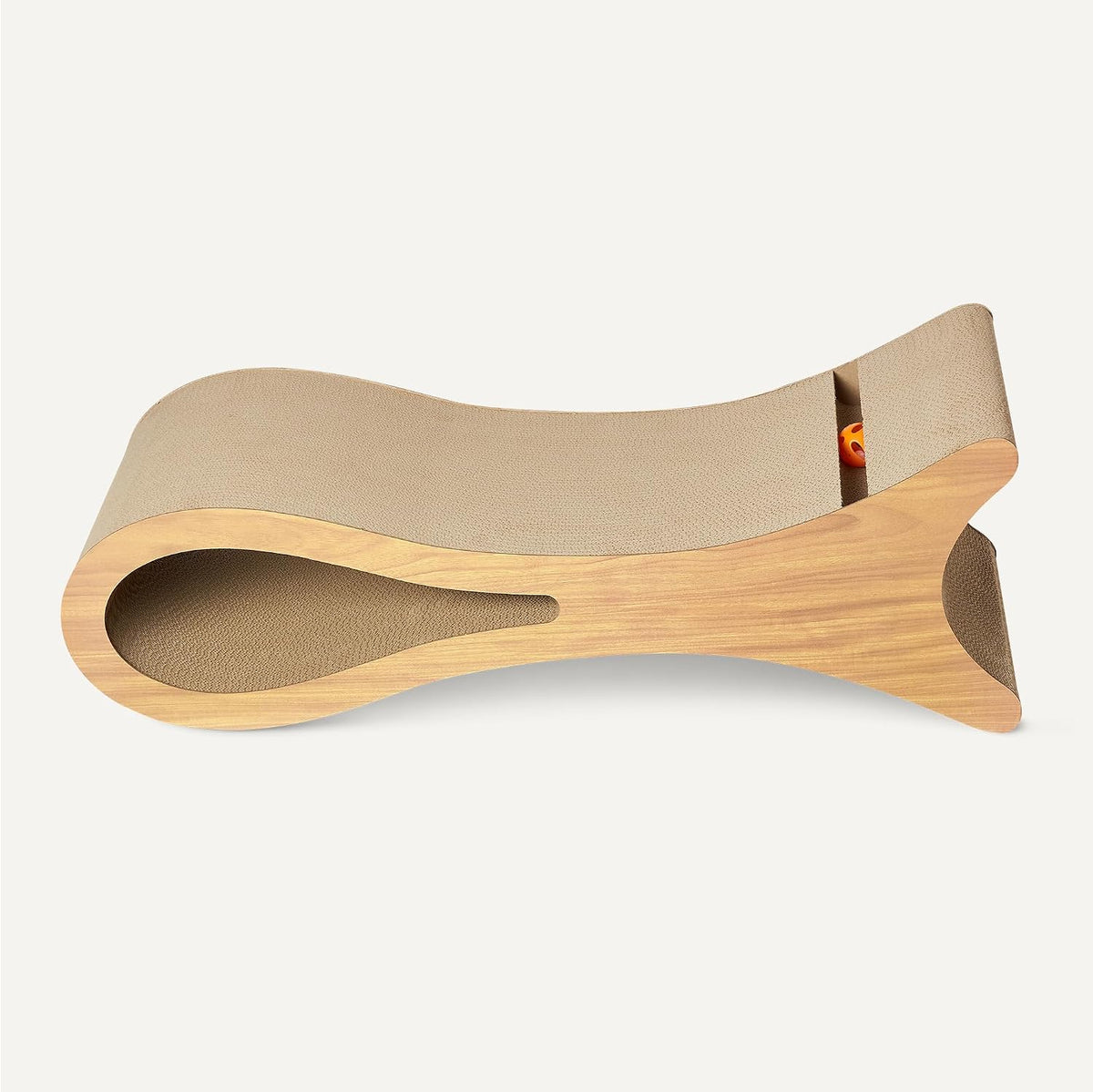 Amazon Basics Cat Scratcher Post Cat Scratcher Lounge Bed for Indoor Cats Bed Shaped Post Pad with Interactive Ball Toy & Catnip, FSC-Certified, 34.3 x 11.8 x 11.8 in, Wooden Color