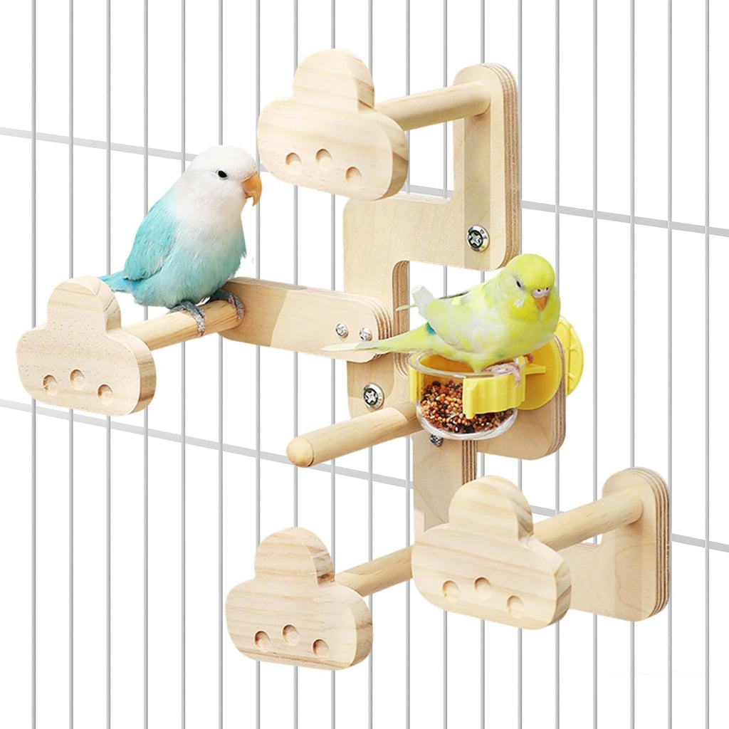 Parrots Playground,Natural Wood Perch Stand with Feeding Cups,Parrots Play Gym,Birds Perch Stand for Budgie Conures Cockatoos Lovebirds(Includes PVC Food Bowl)