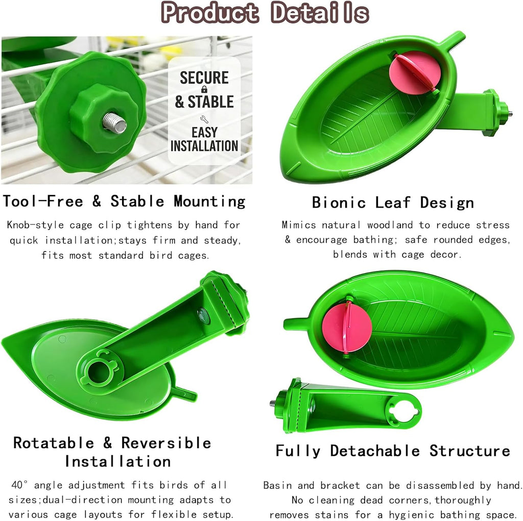 Bird Bath for Cage, Hanging Leaf Bird Bathtub with Easy Clean Detachable Basin, Parrot Cage Bath Bowl for Parakeets, Budgies, Cockatiels, Lovebirds & Small Birds, Bonus Mirror Toy & Grooming Perch