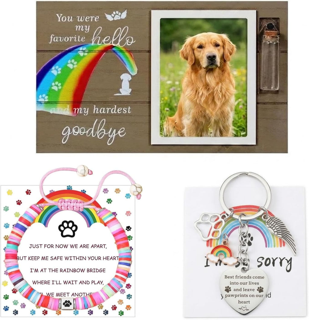 Rainbow Bridge Dog Memorial Gifts for Loss of Dog - Rainbow Bridge Pet Memorial Picture Frame Set with Fur Jar, Bracelet & Keychain - Sympathy Remembrance Keepsake for Pet Lovers