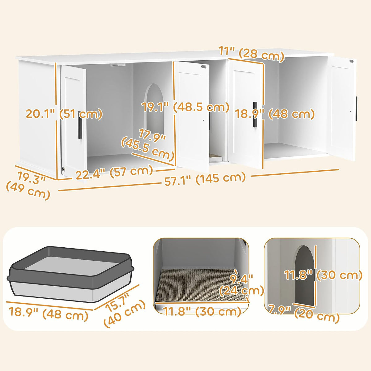 PawHut Cat Litter Box Enclosure for 2 Cats, Hidden Litter Box Furniture with Double Room, Scratching Mat, Kitty Washroom Furniture, 57" x 19" x 20", White