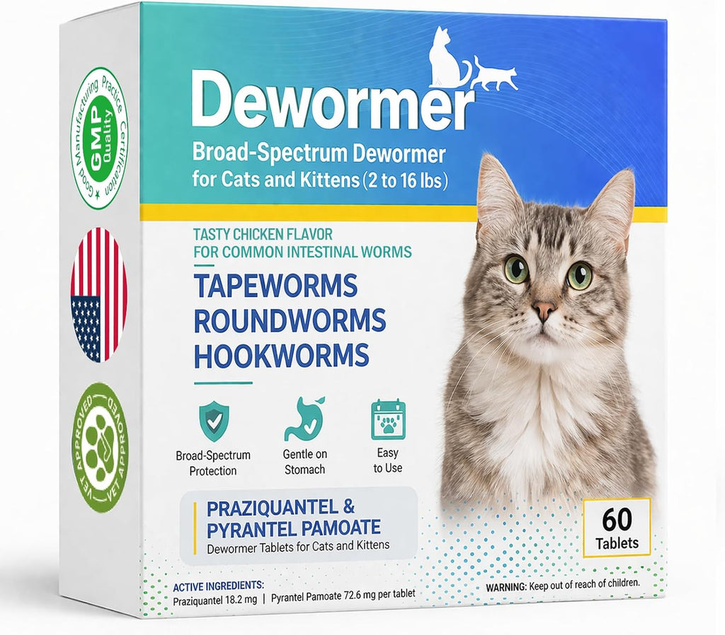 Cats & Kittens Broad-Spectrum Dewormer, Cat Dewormer for All wormers, Tapeworms Hookworms & Roundworms, 60 Tablets